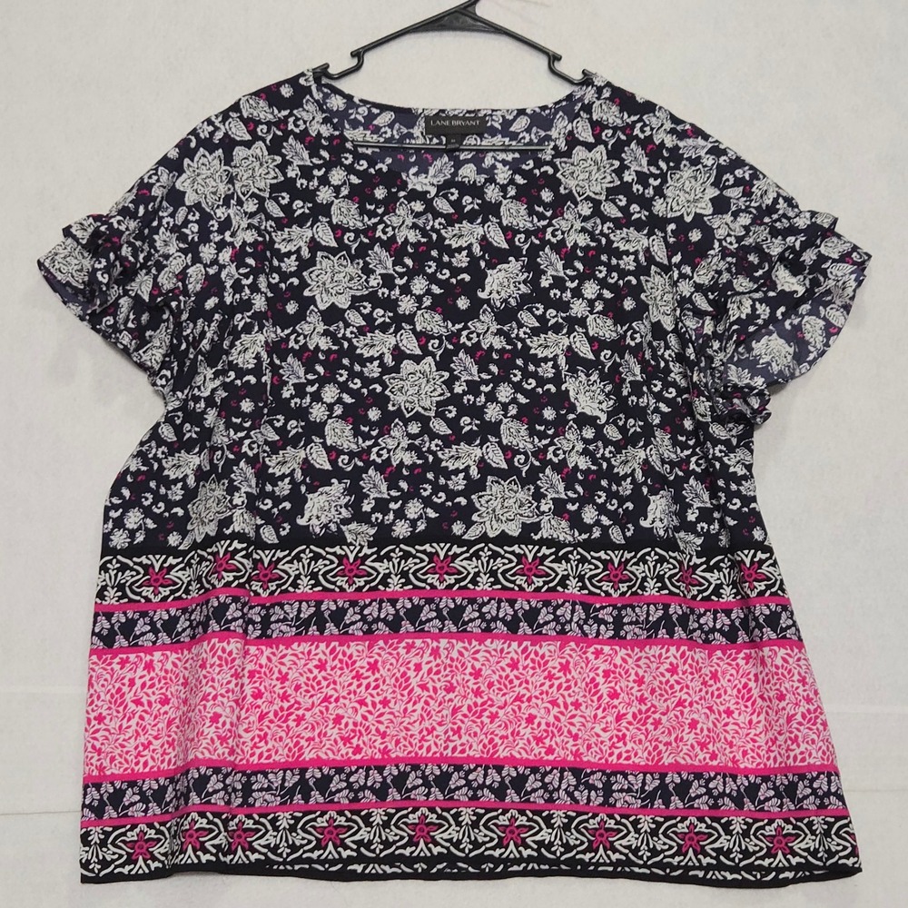 Lane Bryant Womens Top Floral Print Pink Black White Short Sleeve Ruffle Size 20